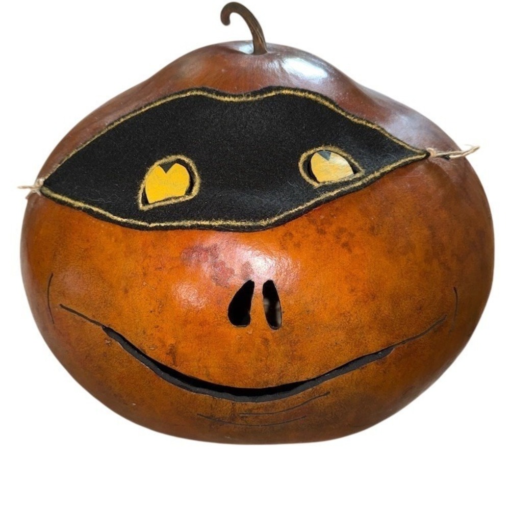 Primitive Vintage Gourd Jack-O'-Lantern Pumpkin Black Cat Halloween masked large